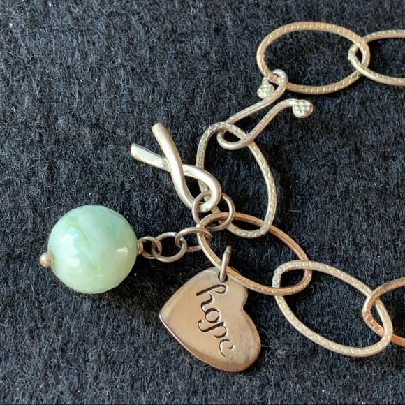Charm Link Bracelet, green bead, hope, silver tone - Picture 3 of 8